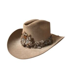 Vintage John B Stetson 3X Beaver XXX Cowboy Hat Beige w/ Feather Size 6-7/8